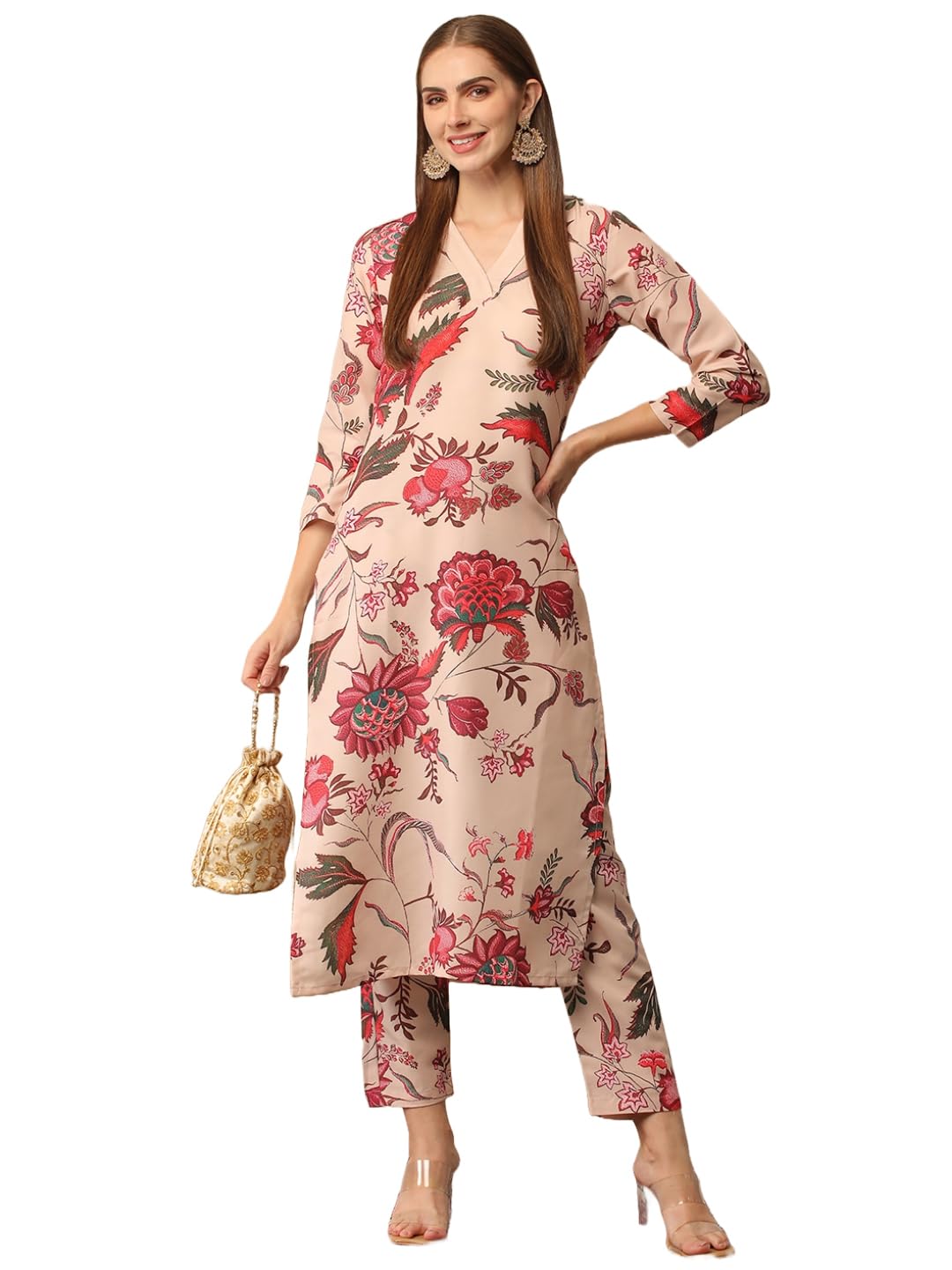 Gosriki Women'S Cotton Blend Straight Printed Kurta With Pant (Theo Beige-Gs_L_Beige_Large),Beige,,B0D2NC3NRC