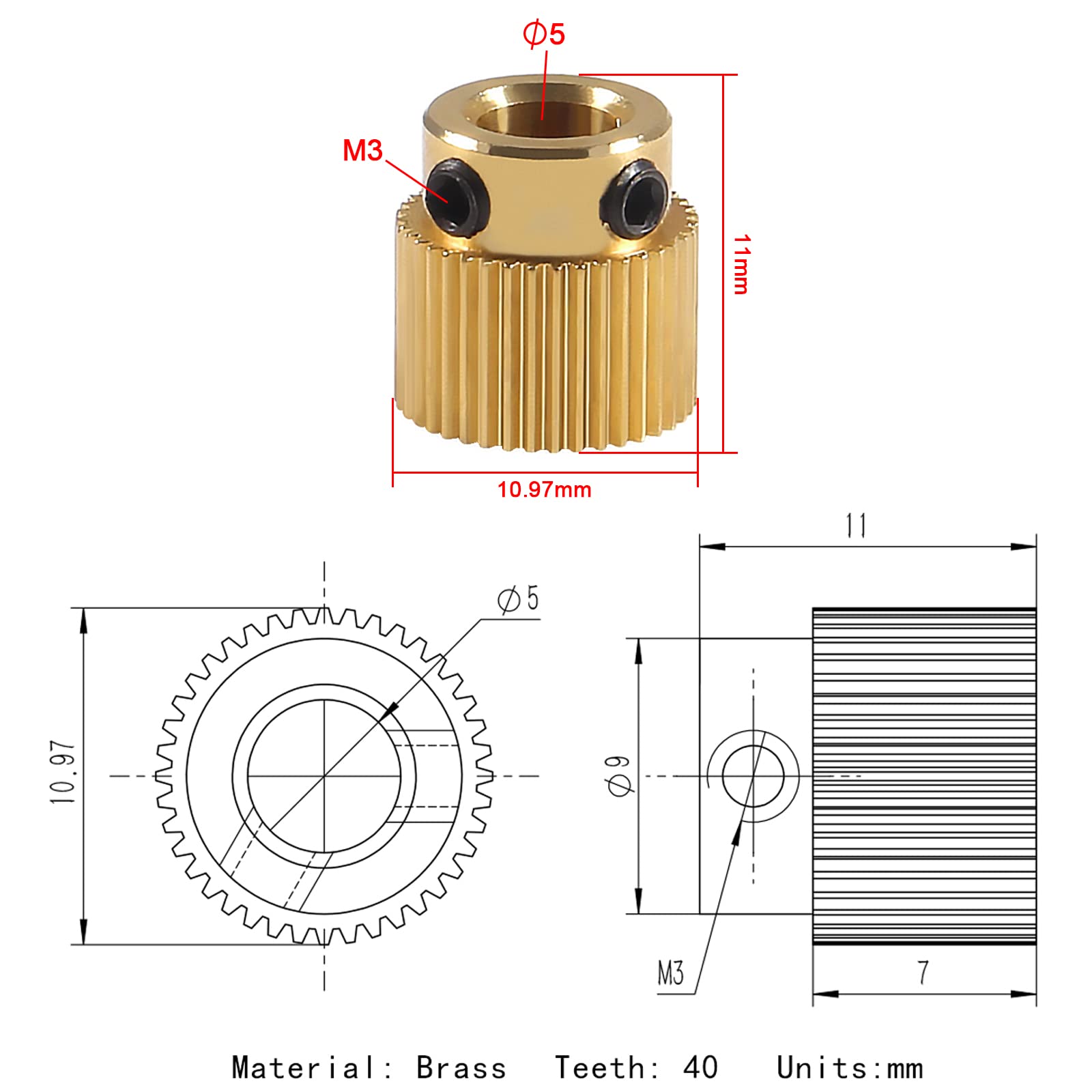 15pcs Extruder Wheel 40 Teeth Gear Brass Extruder Wheel Gear 3D Printer Parts Compatible with CR-10, CR-10S, S4, S5, Ender 3, En