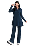TADKEE Womens 2 Piece Set, Solid Color, Long Sleeve Top and Wide Leg Pants, Casual Set, purple, Small