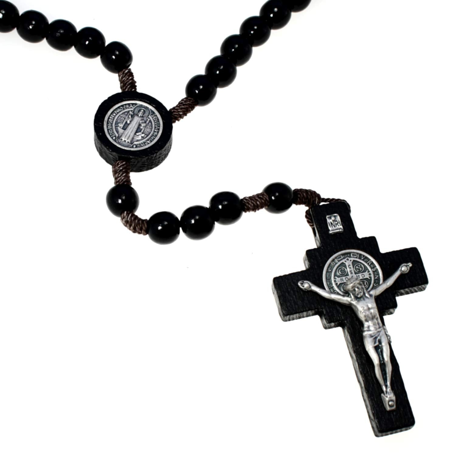 Alexander Castle Our Father Solid Wooden Rosary Beads (Handmade - Brazilian Walnut) with St Benedict Junction - Comes in Velour 