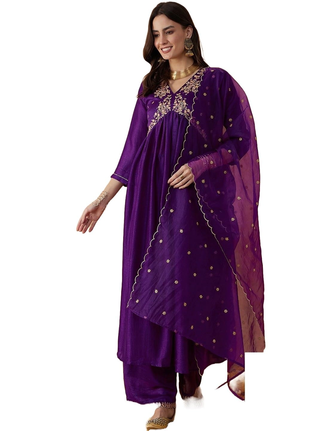 Alvami Women Embroidery Kurta and Pant Set With Dupatta | Wedding Suit | Festival Wear | (IN, Alpha, XL, Purple)