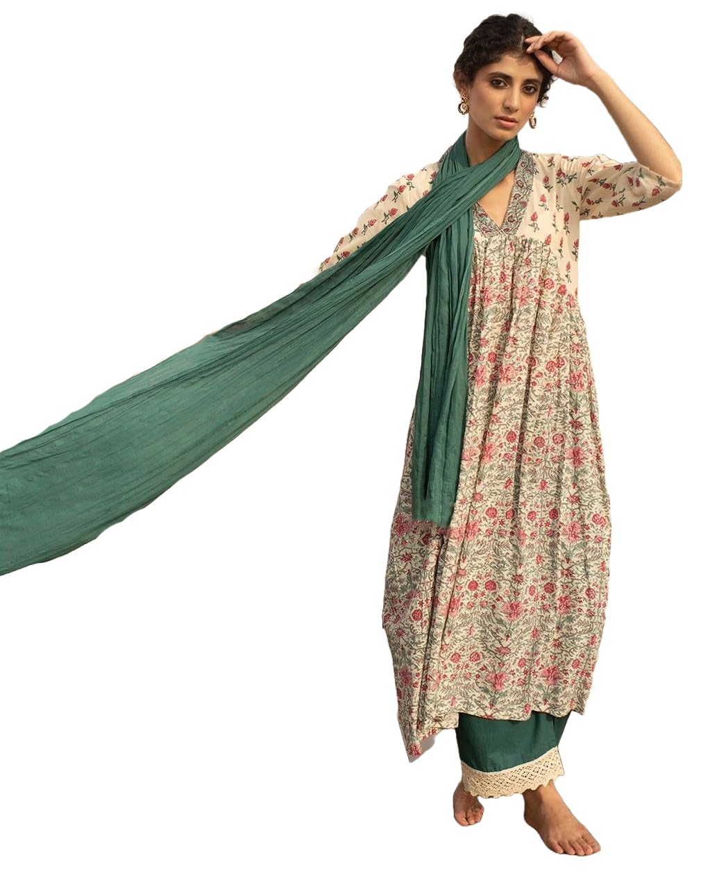 Anni Designer Women'S Cotton Blend Anarkali Printed Kurta With Pant & Dupatta (Toki White-Nw_Xl_White_X-Large),White,XL