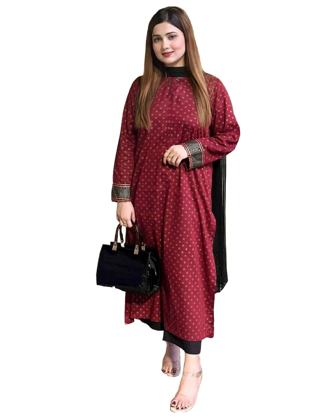 Gosriki Women'S Rayon Blend Straight Printed Kurta With Palazzo & Dupatta (Debashree Maroon-Gs_L_Maroon_Large),Maroon,,B0DMT69BP8