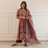 Anni Designer Women'S Rayon Blend Printed Anarkali Kurta With Pant & Dupatta (Prisha Wine_4Xl_Wine_Xxxx-Large),Wine,4XL,Rayon Blend,Anarkali,