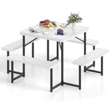 CLEEMAN 4-8 Person Picnic Table Set, Umbrella Hole, Heavy-Duty Metal Frame & 4 Benches, HDPE Square Outdoor Dinning Table & Benc