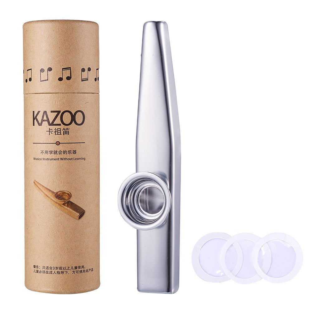 WANDIC Kazoo Flute With 3 Pcs Kazoo Flute Diaphragms, Silver Metal Aluminum Alloy Kazoo Flute Musical Instruments, Good Companio
