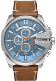 Diesel Mega Chief Stainless Steel and Leather Chronograph Mens Watch, Color: Silver, Brown (Model: DZ4458)
