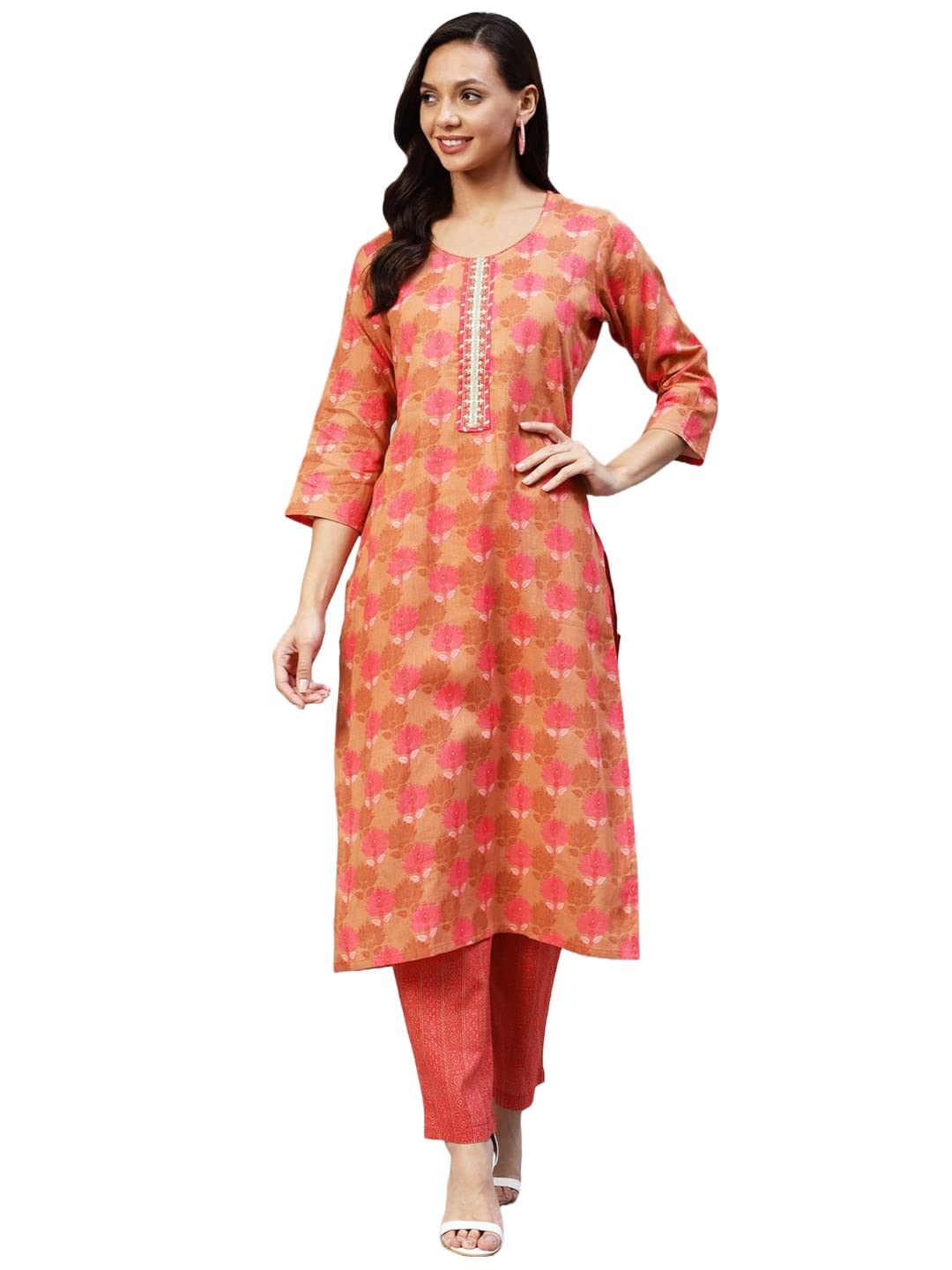 Anni Designer Women'S Cotton Blend Printed Straight Kurta With Pant (Vadidev Orange_Xxl_Orange_Xx-Large),Orange,2XL