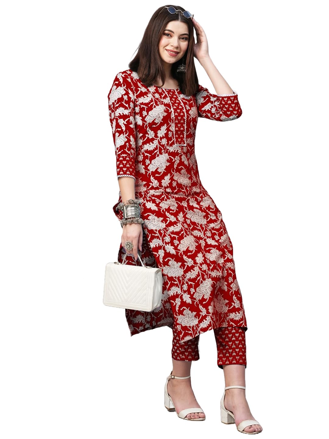 Anni Designer Women'S Cotton Blend Printed Straight Kurta With Pant (Pustak Red_Xxl_Begani_Xx-Large),Red,2XL