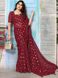 Satrani Womens Georgette Foil Printed & Lace Saree With Unstitched Blouse Piece (3184S2261Na_Maroon2)