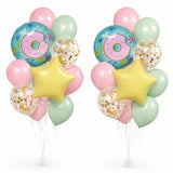AMFIN (Pack of 20) 17 Inch Donut Theme Birthday Balloon Bouquet Pastel Pink Green Multi Chrome Finish Foil Latex Confetti Girls