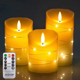 Green LED flameless Candle with Embedded Starlight String, 3 LED Candles, 10-Key Remote Control, 24-Hour Timer Function, Dancing