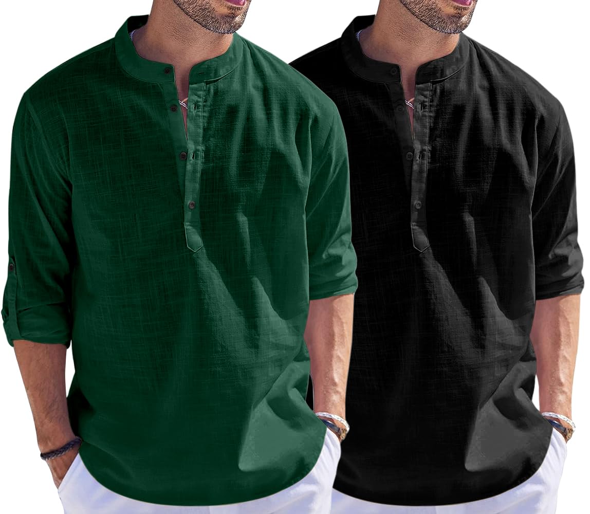 Bellstone Men'S Cotton Blend Solid Regular Dress Shirt (Kurta1500_Combo_D Green & Black_M_Dark