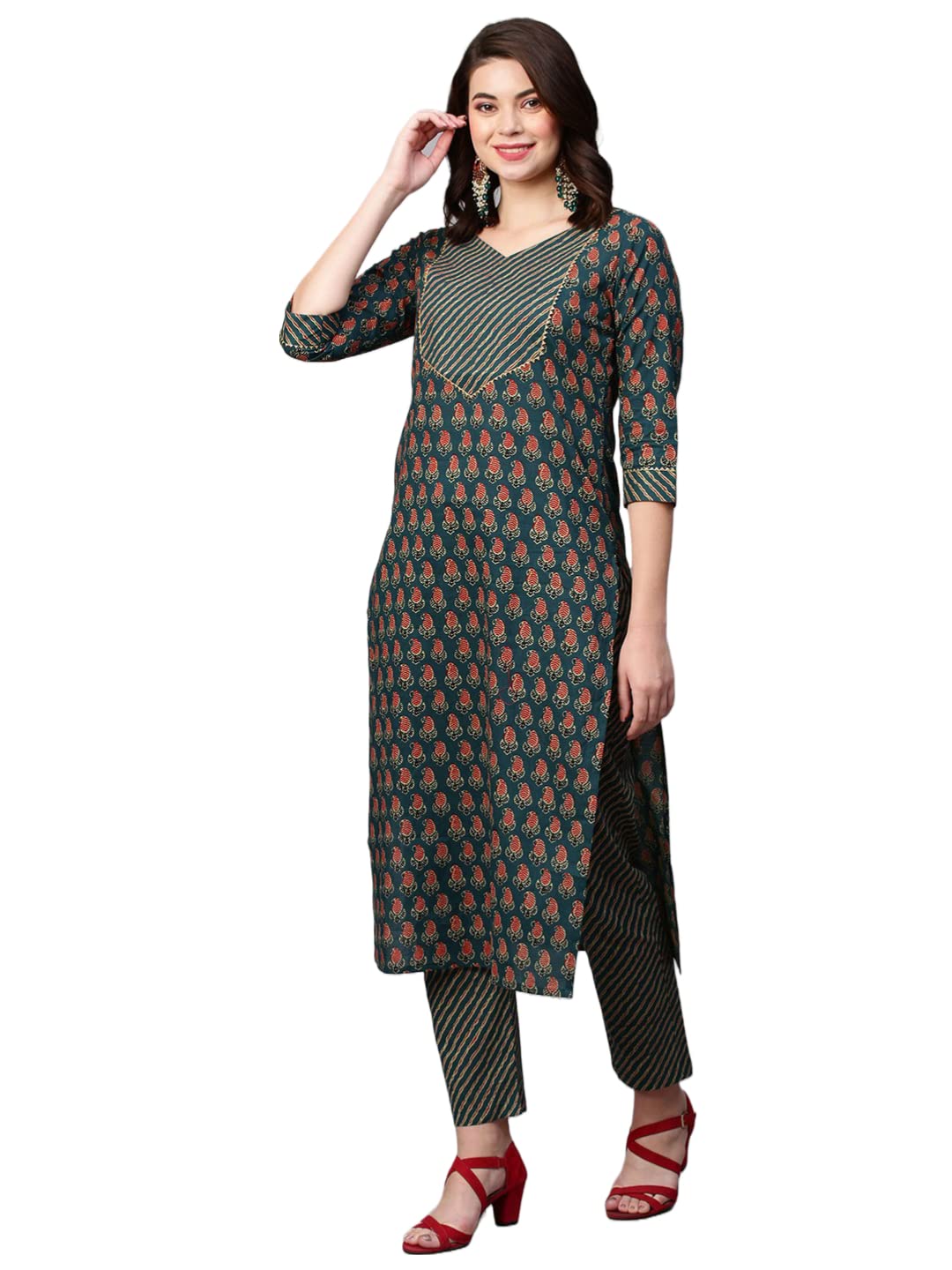 Anni Designer Women'S Cotton Blend Printed Straight Kurta With Pant (Grape Green-Nw01_S_Green_Small),Green,S