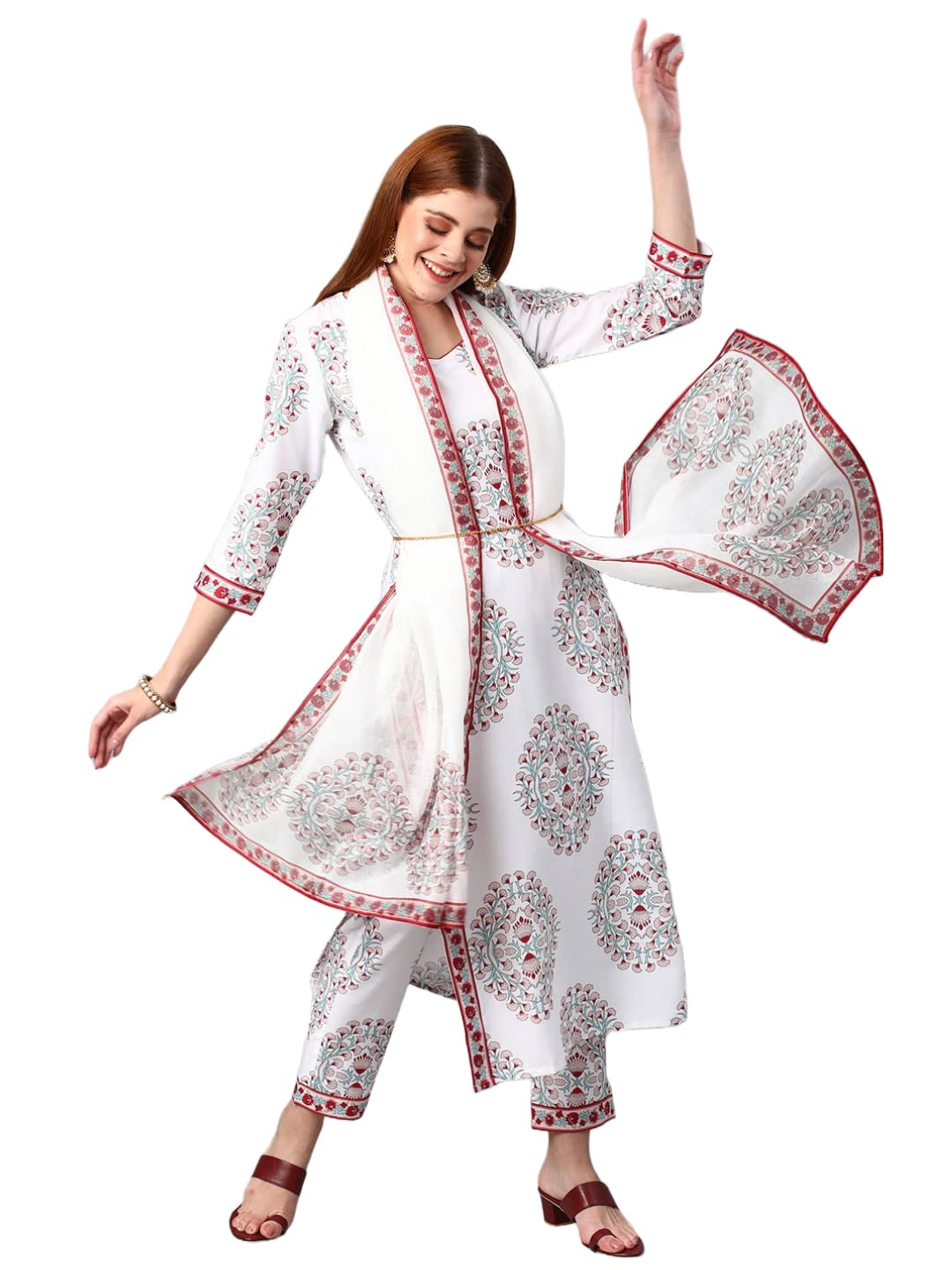 Anni Designer Women'S Cotton Blend Floral Printed Straight Kurta With Pants & Dupatta (Cup-Off White-Nw_M_White_Medium),White,M,,,
