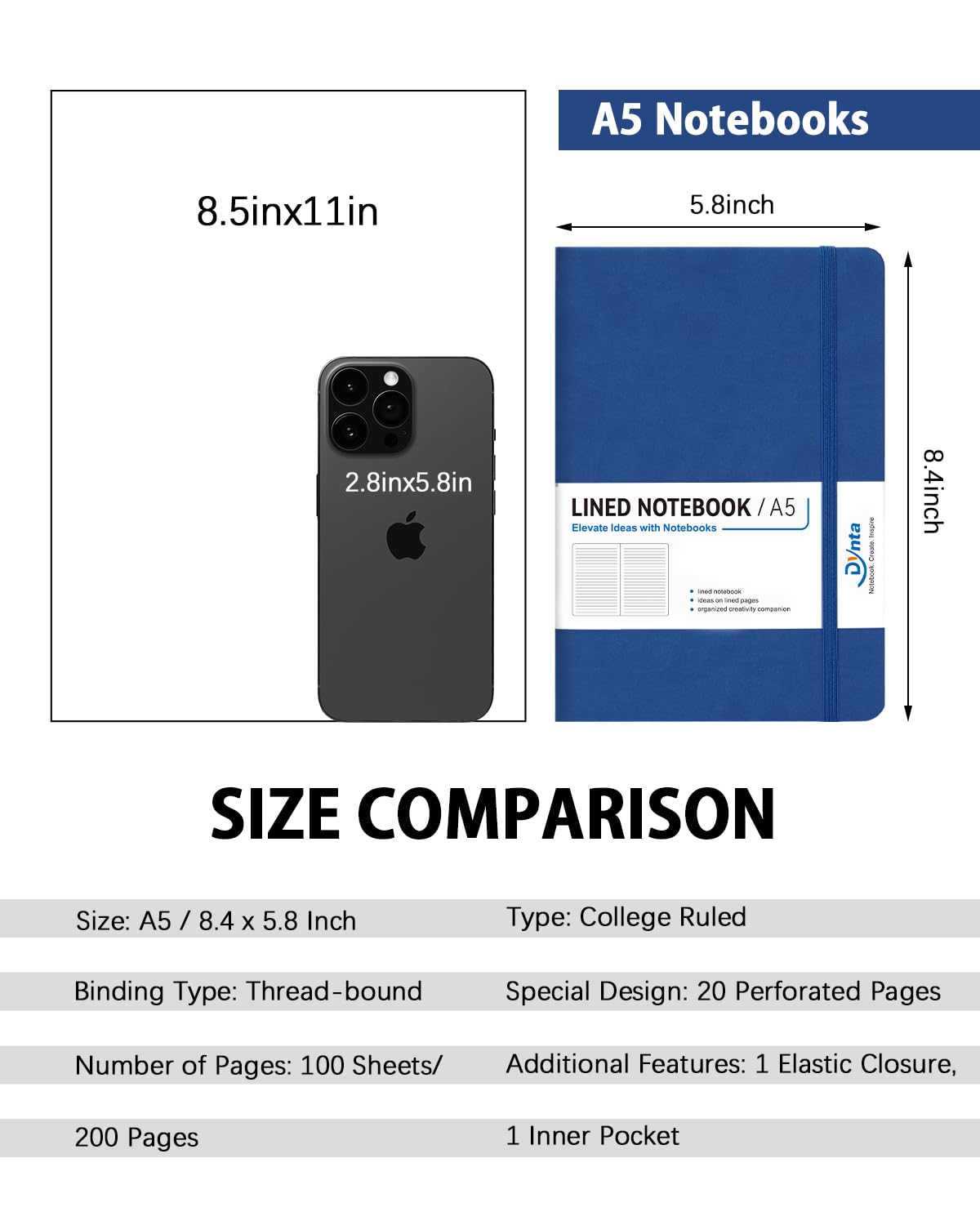 Dynta Hardcover Journal Notebooks, 10 Packs A5 Lined Journals Bulk for Writing 200 Pages/100Sheets, 8.4 x 5.8 inch, Classic Rule
