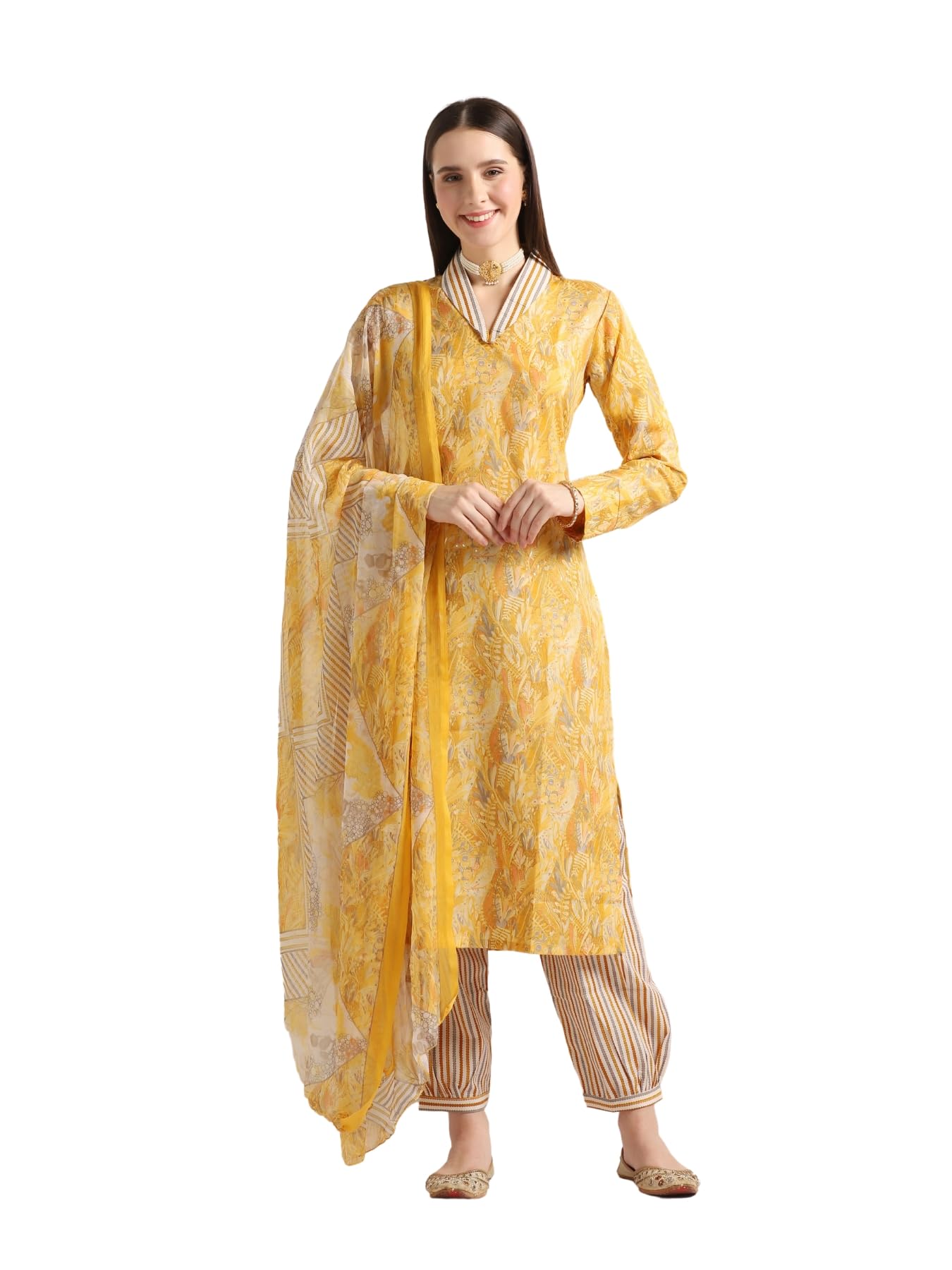 Leriya Fashion Women's Cotton Blend Multi Floral Foil Printed Ethnic Straight Shawl Collar Kurta & Patiyala Style Pant with Dupa