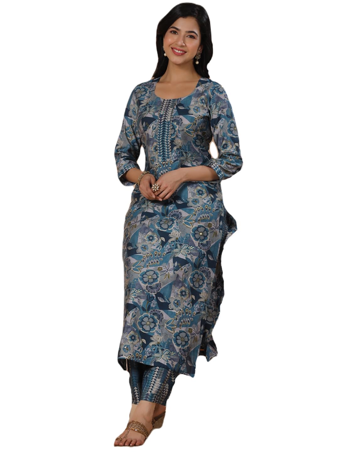 Anni Designer Women'S Rayon Blend Straight Printed Kurta With Palazzo (Kanjirang Blue_M_Blue_Medium),Blue,M