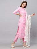 Anni Designer Women'S Ruby Cotton Straight Embroidery Kurti With Pant & Dupatta Set (White-Show-Light Pink-Nw_S_Light Pink_Small),Light Pink,S,Cotton,Regular,