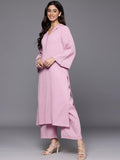 Varanga Women Mauve V Neck With Collar Detailed Straight Kurta With Bottom Mauve Xl