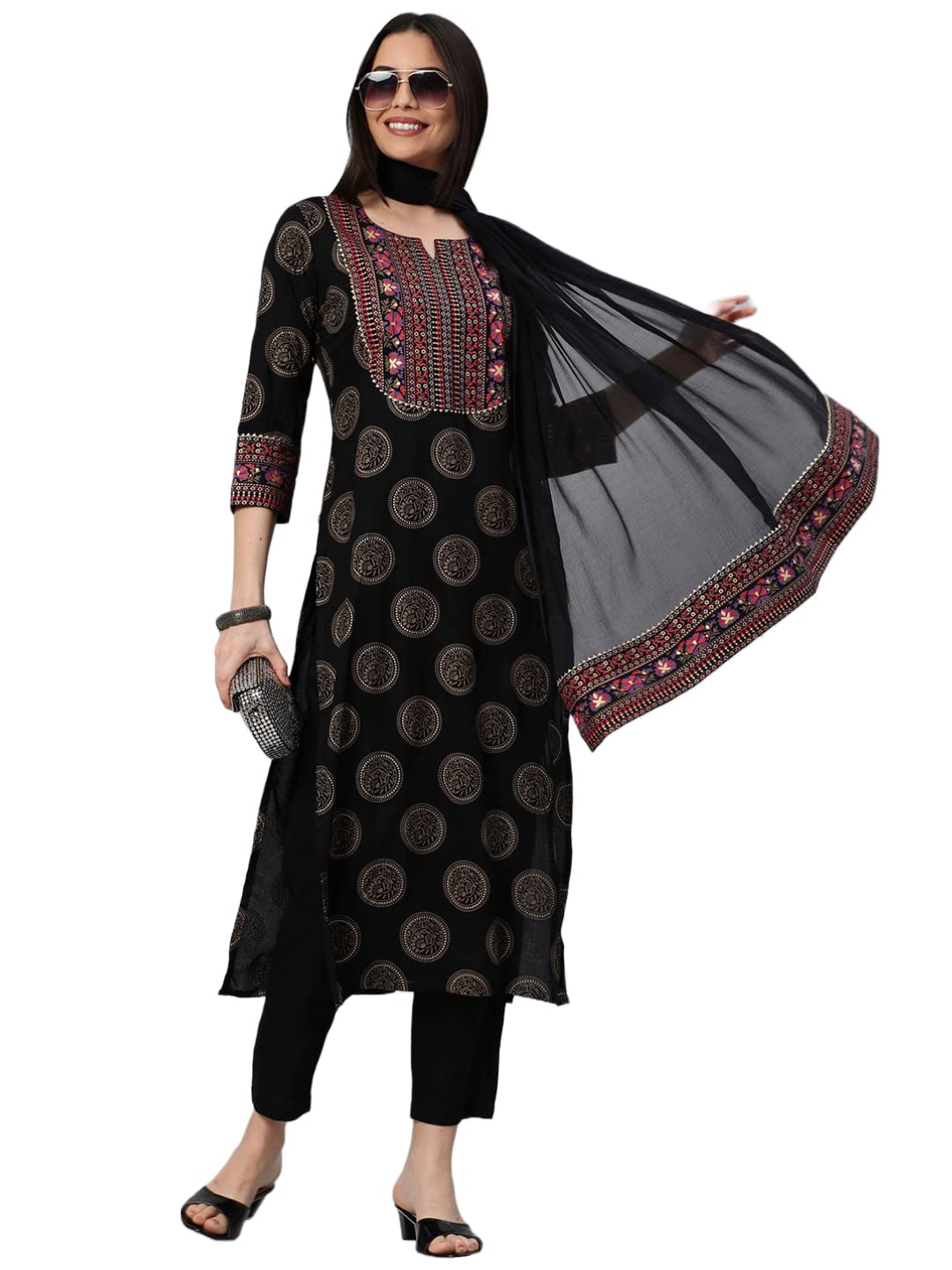 Anni Designer Women'S Cotton Blend Printed Straight Kurta With Pant & Dupatta (Nov-Black-Nw_L_Black_Large),Black,L