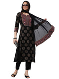 Anni Designer Women'S Cotton Blend Printed Straight Kurta With Pant & Dupatta (Nov-Black_S_Black_Small),Black,S
