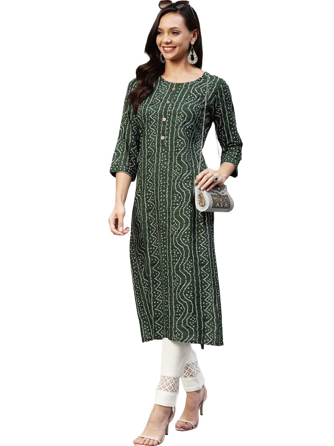 Anni Designer Women'S Cotton Blend Straight Printed Kurta (Bandhani Amd Green_M_Green_Medium),Green,M