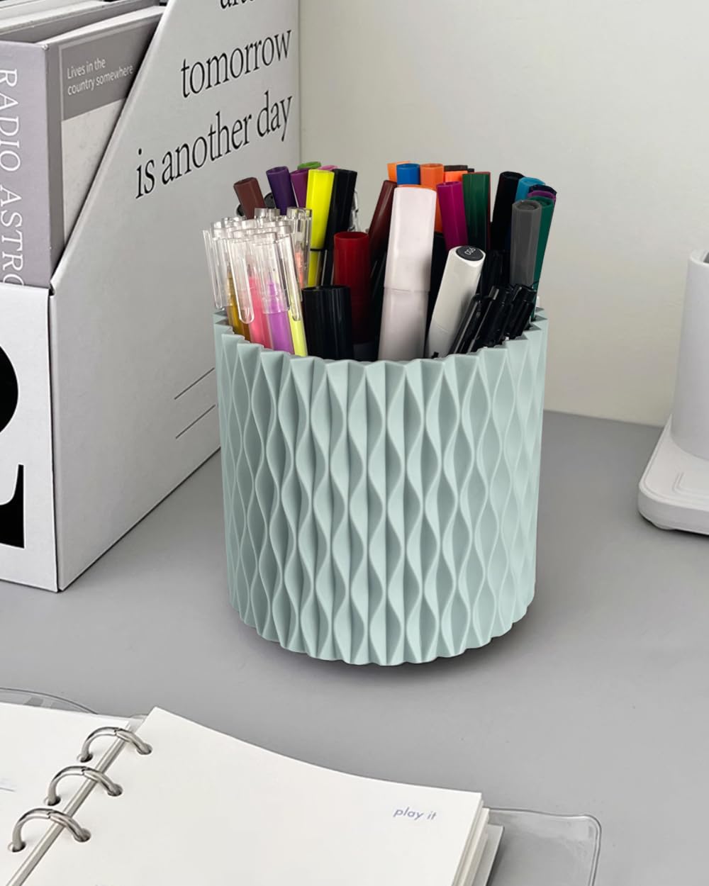 Lebenrich Rotating Pen Pencil Holder for Desk, 5 Slots Unique Blue Desk Pen Organizer Easthetic Desktop Supplies and Accessories