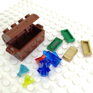 ZHX Treasure Accessories Jewel Chest, Gems Diamonds, Bullion Gold Bar, Crystals, $100 Dollar Bill Cash Toy Pirate Building Block