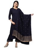 Anni Designer Women'S Cotton Straight Kurta With Palazzo & Dupatta (Ekaa Navy Blue_Xl_Navy Blue_X-Large),Navy Blue,XL