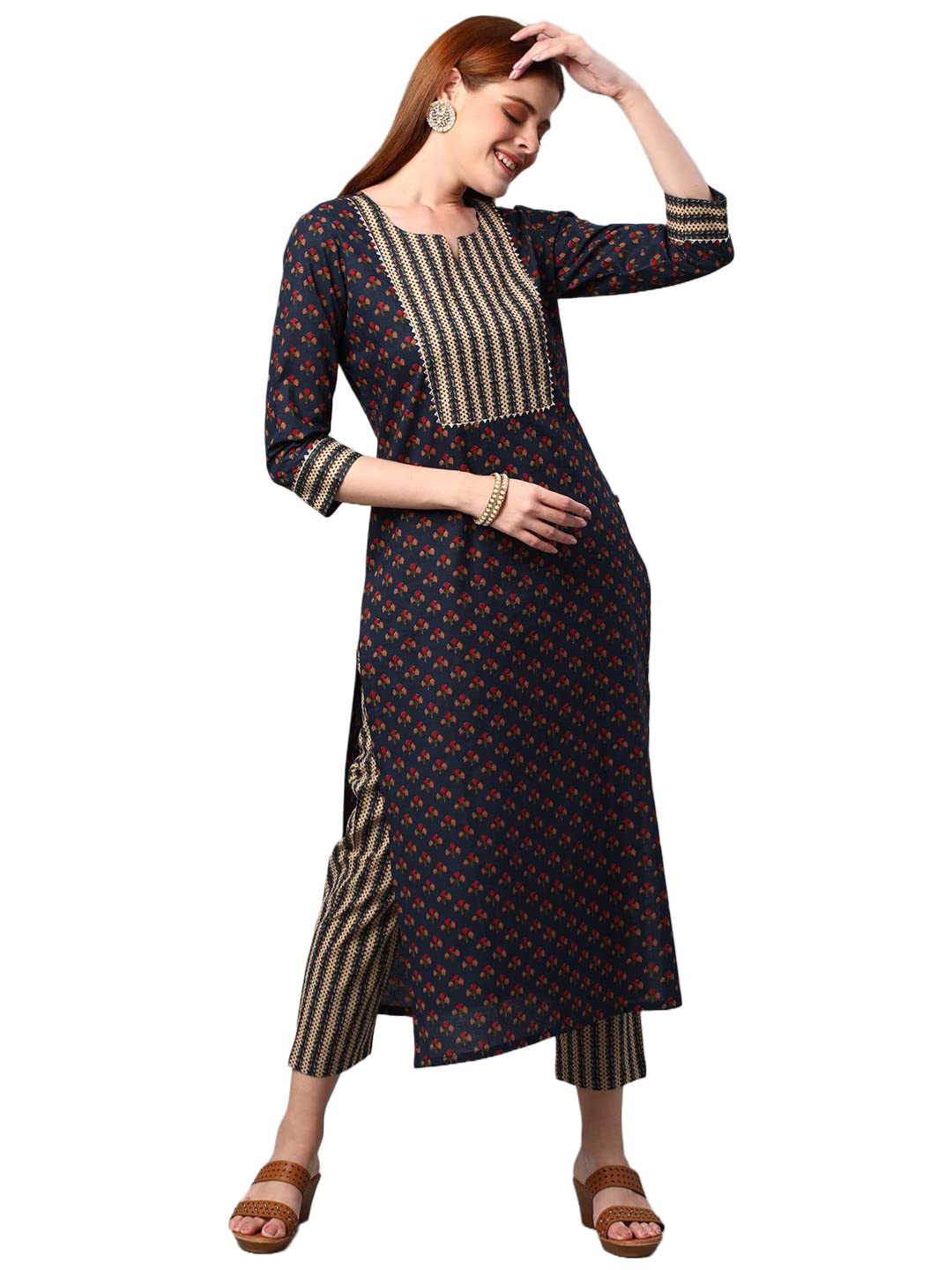 Anni Designer Women'S Cotton Blend Printed Straight Kurta With Pant (Sarva-Dark Blue_S_Dark Blue_Small),Dark Blue,S