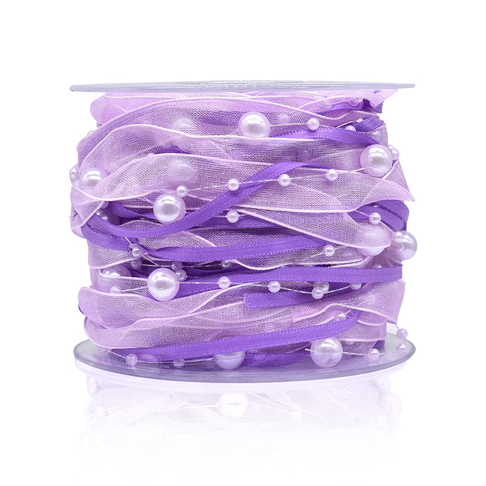 10M ArtificialBead Pearl Ribbon Chiffon Ribbon and Organza Lace Trims for Wedding Flower Christmas Tree Decoration Sewing Craft 