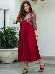 Gosriki Women'S Viscose Rayon Maroon & Grey Printed Flared Kurta (Ruh-Maroon_L-Gs_Maroon_Large),Maroon,,B0C38MQTY3