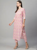 Anni Designer Women'S Cotton Blend Traditional Straight Printed Kurta And Pant Set (Alohi Pink_Xl_Pink_X-Large),Pink,XL,Cotton Blend,Regular,Kurta