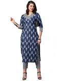 Anni Designer Women'S Cotton Blend Traditional Straight Printed Kurta And Pant Set (Shekhra Blue_Xxl_Blue_Xx-Large),Blue,2XL