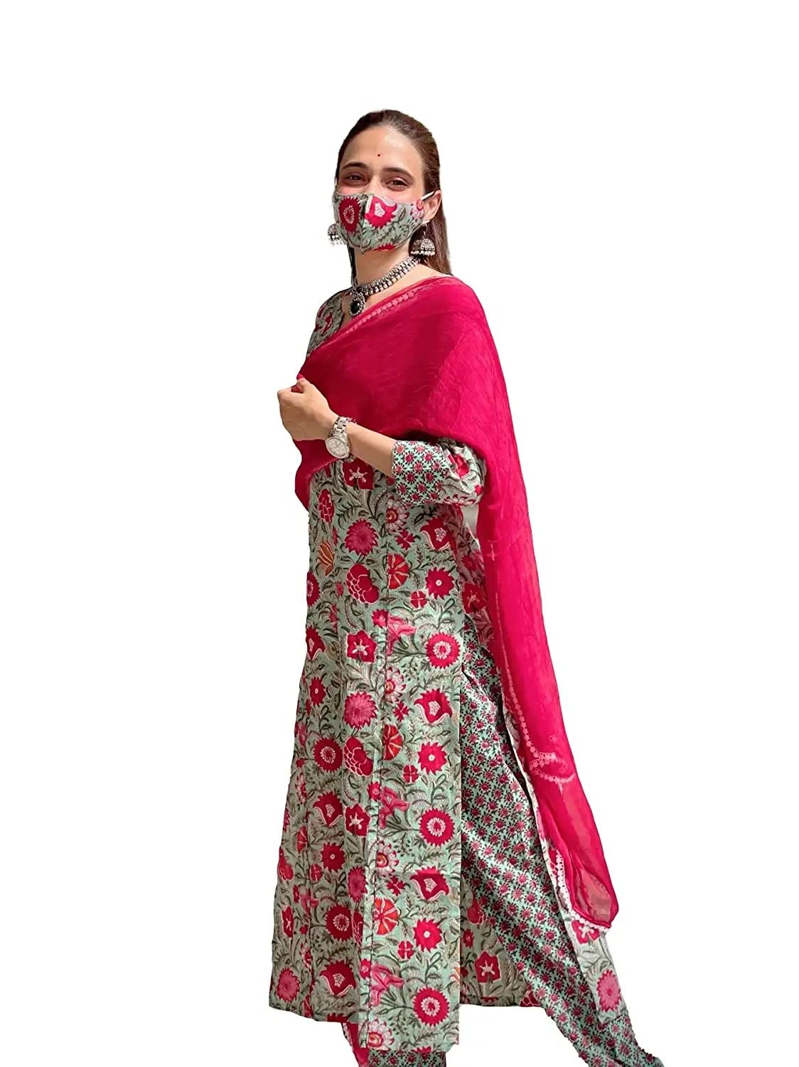 Anni Designer Women'S Cotton Blend Printed Straight Kurta With Pant & Dupatta (Diw-Bkc-651_L_Multicolor_Large),Multicolour,L