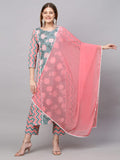 Anni Designer Women'S Cotton Blend Printed Straight Kurta With Pant & Dupatta (Rinki) (Medium) Grey,Grey,M,Cotton Blend,Regular,