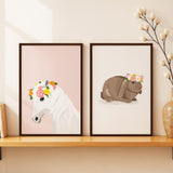 SoulAbiti Floral Crown Unicorn & Bunny Framed Wall Art Print Set of 2 12x18 inch Dark Brown Frame PlexiGlass Animal Cute Art Pr