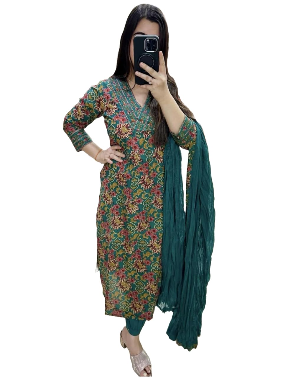 Anni Designer Women'S Cotton Blend Straight Printed Kurta With Pant & Dupatta (Shaniya Green_Xxl_Green_Xx-Large),Green,2XL