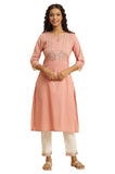 W For Woman Pink Embroidered Cotton Straight Long Glitter Metallic Kurta