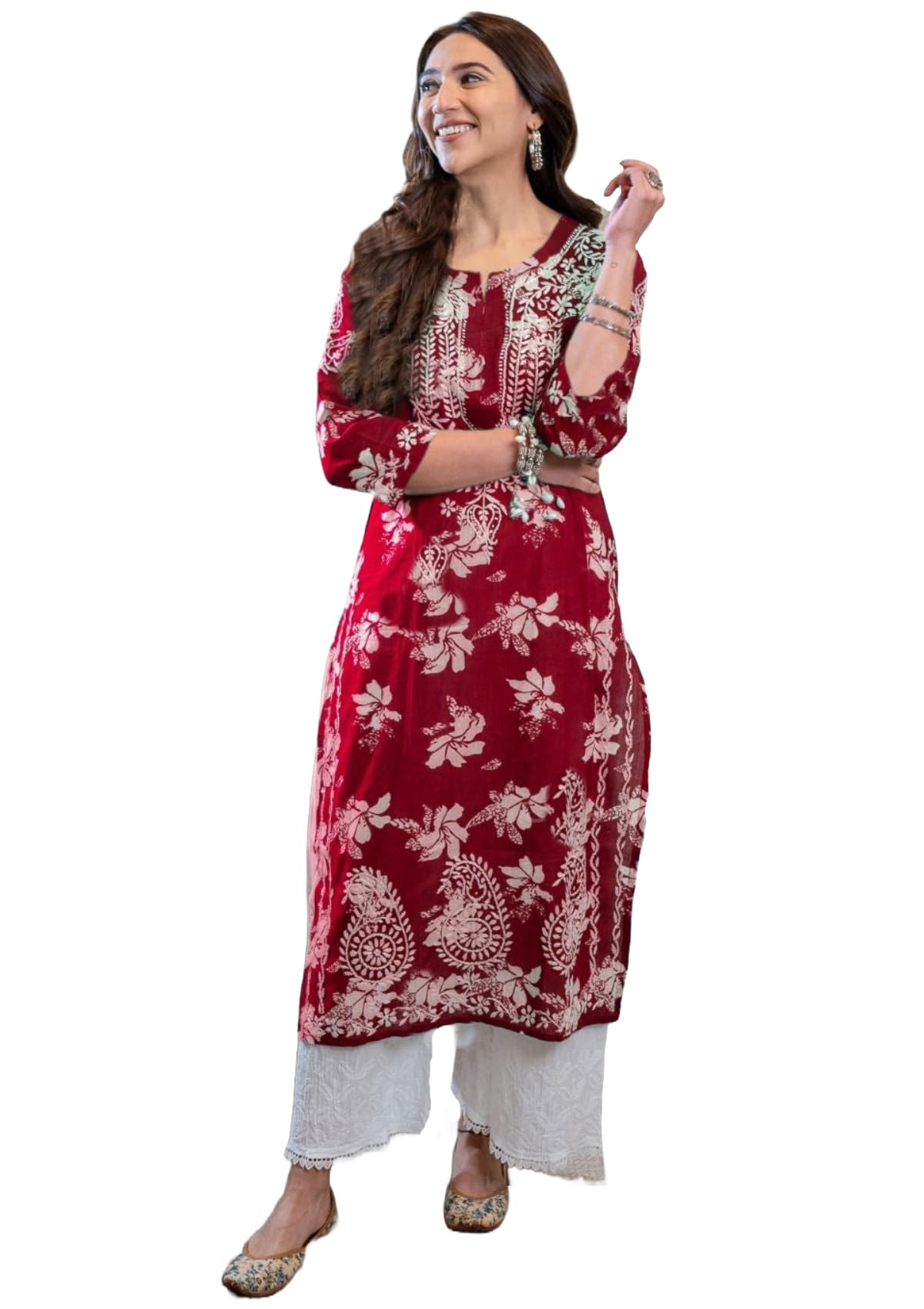 Gosriki Women'S Rayon Blend Chikankari Embroidered Straight Kurta (Sceros Pink-Nw-Gs_L_Pink_Large),Pink,,B0D4ZGRQ8R