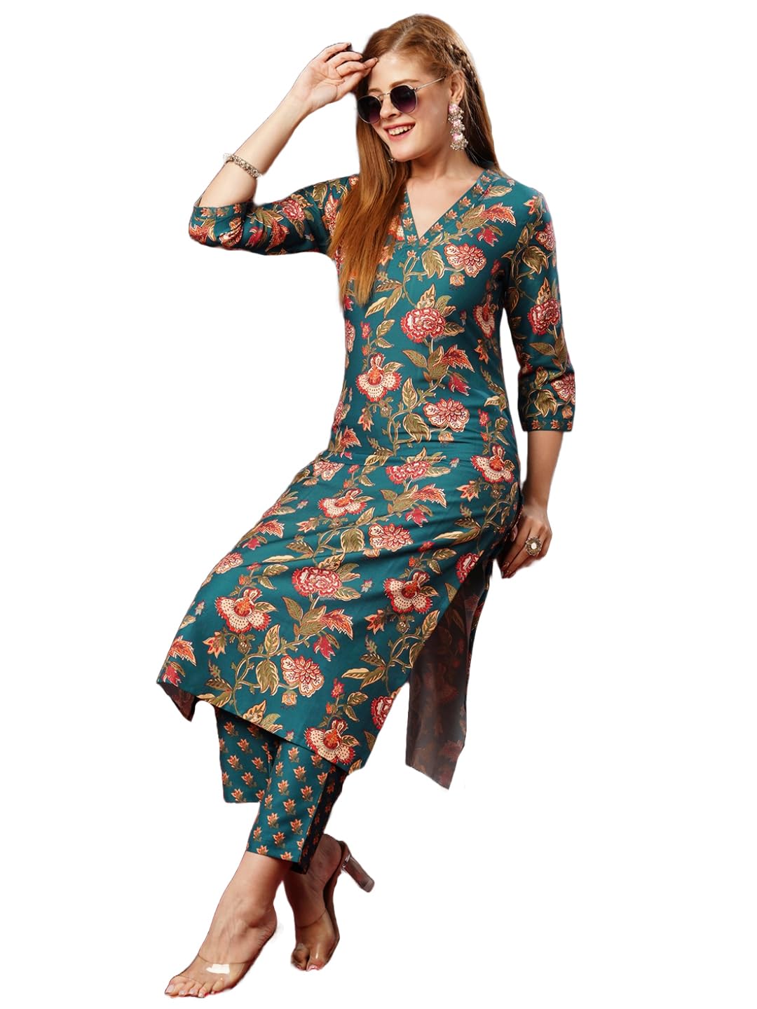 Gosriki Women'S Cotton Blend Straight Printed Kurta With Pant (Paresh Rama-Gs_Xl_Green_X-Large),Rama Green,,B0D73XW1WC
