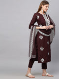 Gosriki Women'S Cotton Blend Straight Embroidered Kurta With Pant & Dupatta (Weekend Wine_New_L-Go_Wine_Large),Wine,,B0B4FX3JVB