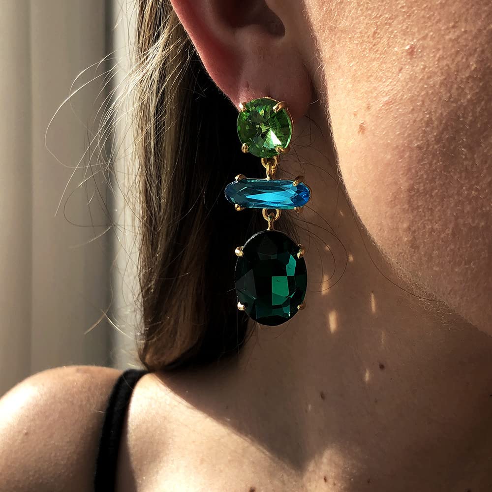 Wekicici Colorful Rhinestone Drop Earrings Green Blue Cube Crystal Multicolored Sparkly Crystal Dangle Earrings Elegant Accessor