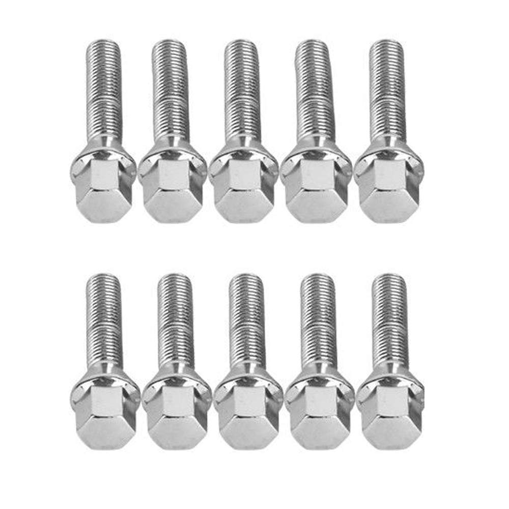 10pc Extended Silver Lug Bolts 12x1.5 (40mm Shank Length, Cone Seat) for Many BMW Vehicles: 128i 135i 318i 320i 325i 328i 335i M