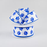 White Satin with Blue Paw Prints 1.5 Wired Paw Print Ribbon 10 Yards / 30 Feet of 1.5 inch Wire Edged Paw Print Ribbon