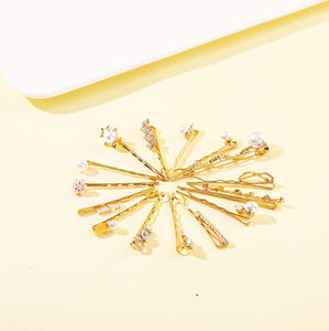 Doromy 15 Packs Rhinestone Faux Pearl Wedding Hair Accessories - Elegant Golden Bobby Pins, Hollow Design Hair Clips and Barrett
