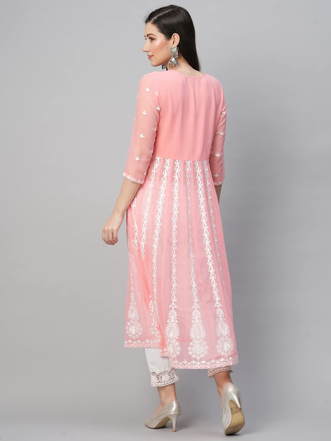 Gosriki Women'S Georgette Chikankari Embroidered Anarkali Kurti (Naav Peach-Gs_S_Peach_Small),Peach,,B0BVWFB4V6