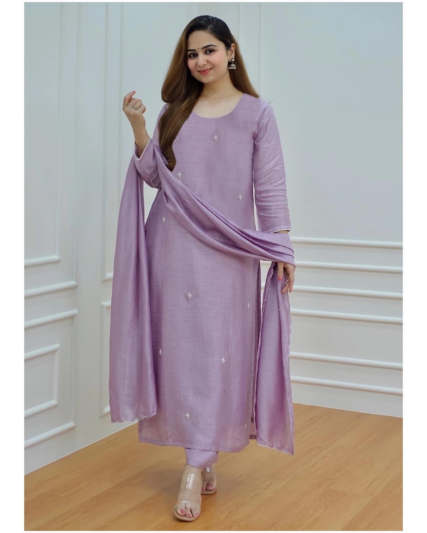 Anni Designer Women'S Rayon Blend Embroidered Straight Kurta With Pant & Dupatta (Mohana Purple_M_Purple_Medium),Purple,M,Rayon Blend,Regular,