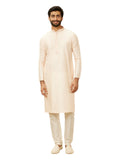 Manyavar Men's Peach Blended Viscose Self Design Kurta Pyjama Set (L)